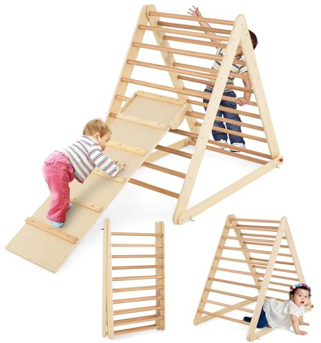 COSTWAY Escalera de Madera Triangular, Escalera Triangular Plegable con Rampa para Escalar y Deslizar, Escalera de Interior con Estructura Triangular para Casa Guardería para Niños y Niñas (Natural)