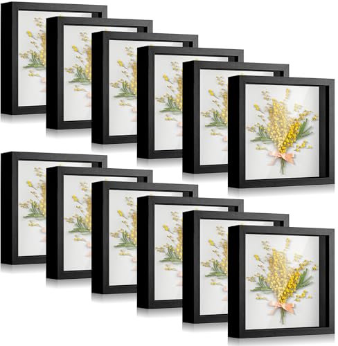 Tuanse 12 Pcs Shadow Box Bulk Display Case Plastic Shadow Box Picture Frame for Photos Flower Wedding Bouquets Pet Memorial Graduation Object Butterfly Tickets Wall Tabletop(8 x 8 Inch, Black)
