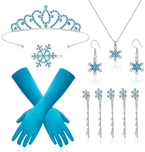 HOWAF Deguisement Princesse, Couronne Princesse Couronne Reine des Neiges Gants Pinces à Cheveux Flocon de Neige Collier Boucles d'Oreilles pour Deguisement Halloween Noël Costume Party Costume