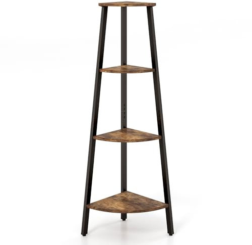 SFAREST Corner Shelf, 4-Tier Freestanding Wooden Ladder Bookcase, Storage Open Display Shelving Unit for Living Room Bedroom Hallway(Rustic Brown, 36 x 34 x 126 cm)