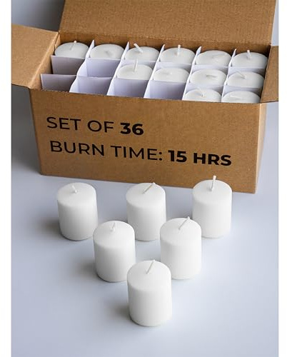 CANDWAX Unscented White Votive Candles Set of 36 - Clean-Burning, Long-Lasting 15 Hour Burn - Ideal for Weddings, Home Décor, Spa, Events - Bulk Value for Versatile Use
