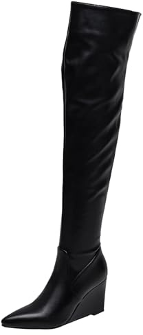 Lizoleor Mode Femmes Cuissarde Boots Compensées Pointu Fermeture Éclair Latérale Talons Hauts Elegant Slouch Botte Hautes Noir Taille 38 EU/39Cn