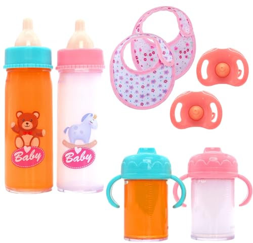 DIELOVEHUA 8 Stück Puppenzubehör, 4 Stück Magische Flasche, 2 Stück Puppenschnuller, 2 Puppen Lätzchen, Puppenflasche mit Milch, Magische Milchfläschchen,für Kinder ab 3 Jahren