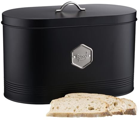 Cooks Professional Bread Bin | Modern Stylish Kitchen Countertop Labelled Metal Storage Canister | Breathable Container Box for Loaves, Pastries, Rolls | Black & Silver