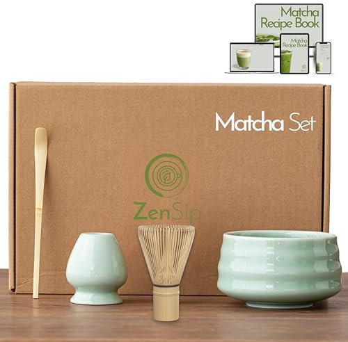 ZenSip Matcha Set - Matcha Whisk and Holder, Matcha Bowl and Matcha Scoop - 4pcs Matcha Kit with Recipe Ebook, Premium Material - Essential Matcha Whisk and Bowl for Perfect Matcha Tea Set