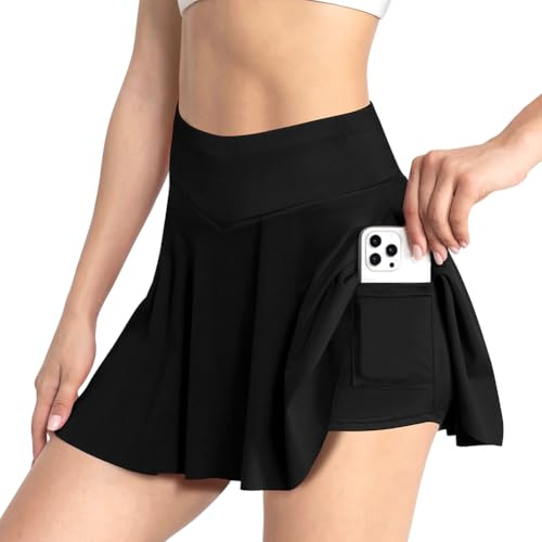AUYAO High Waist Athletic Golf Skorts, Women's Pleated Tennis Skirt with Shorts Pockets, Pleated Sports Skirt with Shorts, Running Skort with Pockets, High Waist Athletic Mini School Skirt(M)