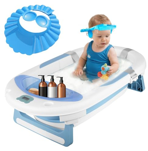 Baignoire Pliable pour Bébé avec Coussin de Bain, Ergonomique, Antidérapante, pour Nouveau-né, Bébés de 0 Mois+, Baignoire thermostatique avec tapis de bain et bonnet de douche