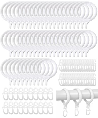 JININOSEU 50 Stück Vorhangringe Gardinen Ringe with 50 Gardinenhaken, Kunststoff Vorhang Hängend Ringe Set für Fenster Tür Duschvorhänge Gardinenstangen (40mm Innendurchmesser, Weiß)