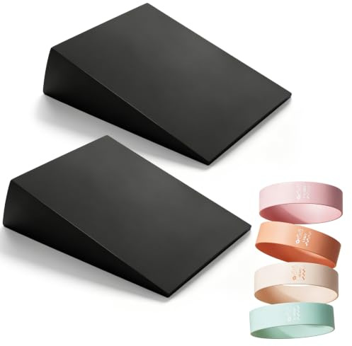 Vadsträckare, set om 2, Squat Wedge, knäböjningsramp med 5 motståndsband | Yoga block slätbräda mobiliseringsklin, halkfri vadsträckare för knäböj, korslyft, yoga och stretch