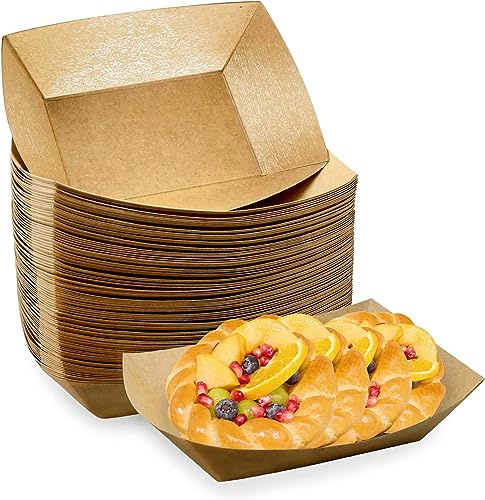 Oomcu 100 Pack 3 lb Heavy Duty Paper Food Trays - Disposable Kraft Brown Paper Boats for Party Snacks, Nachos, Hot Dogs, Tacos & BBQ