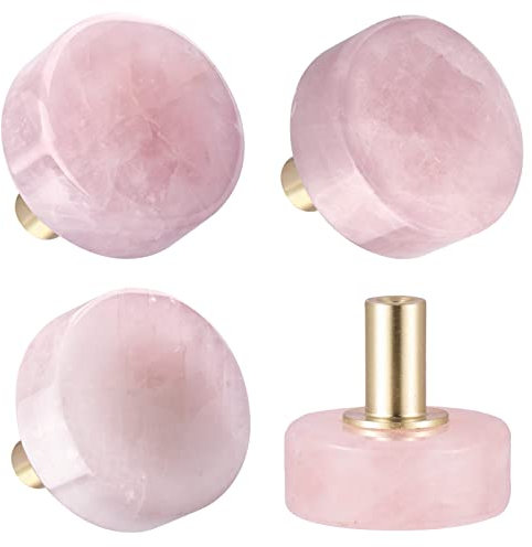 KYEYGWO 4 Stück Rosenquarz Runde Kristall Möbelknöpfe mit Schraube, Heilung Stein Schubladenknöpfe Messing Schrankknöpfe Edelstein Kommodenknöpfe Kreisförmig Ziehgriff Haus Decor Türknöpfe