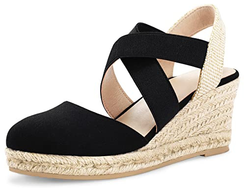 mysoft Women's Closed Toe Crisscross Elastic Ankle Strap Platform Espadrille Wedge Sandals