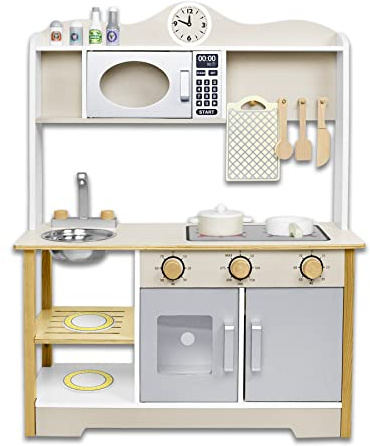 Froadp 65x24x85cm Dinettes à Jouer Cuisine en Bois pour Enfants avec Accessoires INCL. Four à Micro-Ondes & évier Set de Jouets pour Bébés Cadeau Cuisine Jouet pour Filles & Garçons