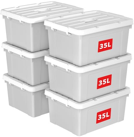 Cetomo 35L*6 Caja de Almacenamiento con Asa, Caja de Plástico con Tapa y Cierre Seguro, Contenedor de Almacenamiento Grande, Duradera, Apilable, Resistentes, Gris, Paquete de 6 de 35L
