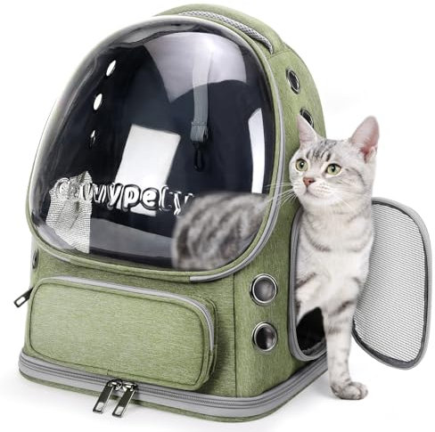 Cawypety Katzen-Rucksack-Tragetasche, atmungsaktiv, großer Platz, Bubble Pet Rucksack für Kitty kleine Hunde bis zu 6,8 kg, transparente & faltbare Haustiertrage für Reisen Wandern