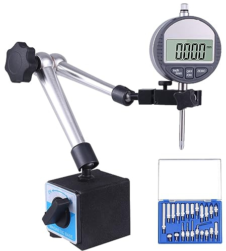 Qnkaa Electronic Digital Dial Indicator with Magnetic Base Holder Fine Adjustable Long Arm 0-1 / 25.4mm Inch/Metric Conversion Professional Gauge 0.01mm/0.001