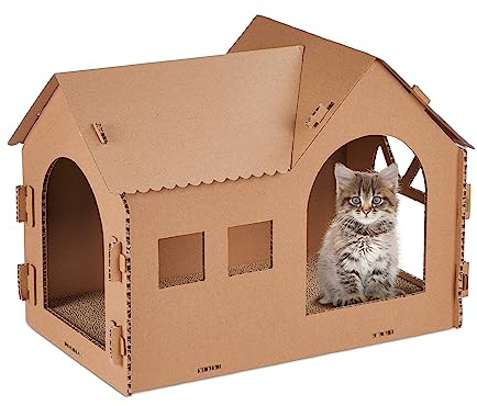 Relaxdays Niche en Carton pour Votre Chat, avec griffoir, à Construire, Herbe aux Chats Incluse, 36x49x29 cm, Marron