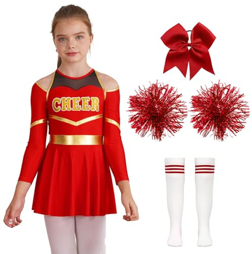 inhzoy Enfant Fille Costume Pom-Pom Girl 4 Pièces Robe Plisée Danse Gymnastique avec Pompoms Chaussettes Uniforme Cheerleading Halloween Carnaval Fete 5-16 Ans B Rouge 7-8 Ans