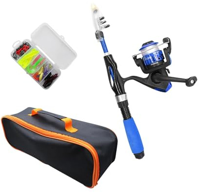MagiDeal Canne à pêche pour Enfant de Voyage, Ensemble Complet de Canne à pêche pour Enfant avec leurres, Canne à pêche et Moulinet pour débutant, pêche en, Bleu