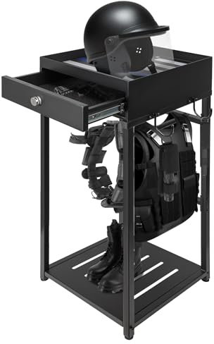 Neoaider Police Gear Stand with Gun Storage 42 x 18 x 18”, Police Hanger with 5 Hooks, Tactical Duty Gear Rack Decor with Thin Blue Line Flag, Black Body Armor Stand for Police Gift