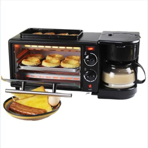 Stazione per La Colazione 3 in 1 Con Timer, Forno Portatile per Colazione Con Macchina Da Caffè, Macchina per La Colazione Multifunzionale Da 9 Litri, Padella Antiaderente E Tostapane a 2 Fette