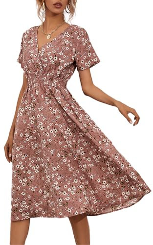 fdsmall Damen V Wrap Kleid Kurzarm V Neck Wrap Sommerkleid Midi Casual Floral Sundress A Line Kleid Strandkleid für Frauen Mädchen (DE/NL/SE/PL, Alphanumerisch, S, Regular, Regular, Pink)