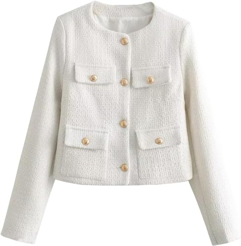 Femmes Tweed Blazer Veste Business pour Travail et Dîner avec Manches Longues Col Rond Boutons Tendance