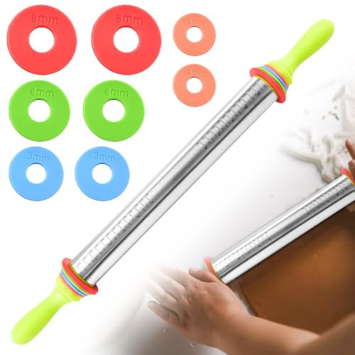 Mattarello in acciaio inox con manico, 35 cm di spessore regolabile con 4 distanziatori, mattarello in metallo antiaderente, per torte di pizza, pasticcini, pasta e biscotti