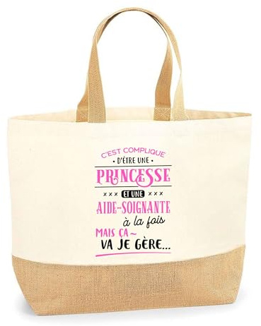 Otshirt Sac Jute Princesse et Aide-Soignante | Cabas de Plage Courses Coton et Toile de Jute | Idée Cadeau Petite Amie Copine Collègue Maman Noël Anniversaire Fête des Mères