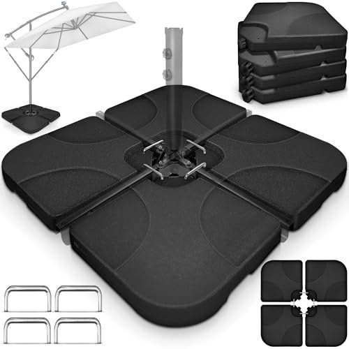 tillvex® Lestage & Dalles Carrées pour Parasol Déporté – Pied de Parasol 60 litres / 80 kg, 4 Pièces avec Connecteur Métallique | Base Remplissable avec Eau ou Sable | Support de Parasol (Noir)