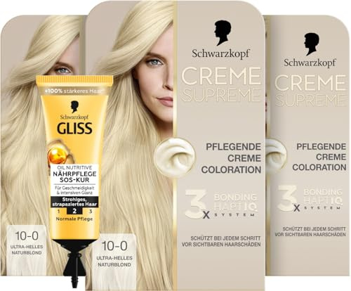 Schwarzkopf Creme Supreme Coloration 10-0 Ultra-Helles Naturblond (3x 182 ml), dauerhafte Haarfarbe mit Serum und Haar-Maske & SOS-Intensiv-Kur Oil Nutritive (15 ml) für intensive Reparatur