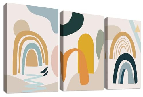 3Pcs Wooden Framed Canvas Wall Art Set Nordic Minimalist Geometric Painting on Canvas Prints Poster Beige Blue Yellow Abstract Pictures for Living Room Bedroom Hallway Stairs Wall Decor 50x70 cm x3pcs