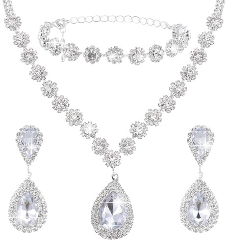Neyauo Bridal Jewellery Set for Wedding, Rhinestone Necklace Earrings Bracelet, Silver Crystal Wedding Jewellery for Bride Bridesmaids Prom Costume Accessories