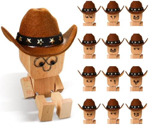 Fumete Shaking Wooden Man Figurine for Car Dashboard Shaking Feet Wooden Doll with 12pcs Magnetic Expressions & a Hat Spring Leg Dashboard Decorations for Desk Office Funny Gift(Cowboy Hat,Brown)