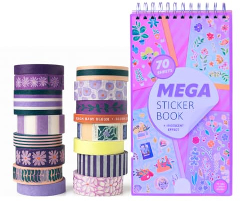 Washi Tapes Decorativos, 16 Cintas Washi + Pegatinas para Scrapbooking Aleatorias. Libreta 70 Hojas. Kit Manualidades para Scrapbooking Creativo DIY para Craft, Bullet Journal, Diario y Regalo.