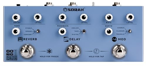 SORAN Go Rig II Multi Effects Pedal, Electric Guitar Stompbox with 3 Mod (Tap Tempo), 3 Delay (Tap Tempo), 3 Reverb (Freeze), Tempo Sync, Stereo Out, 5+H USB-C Battery, Compact Metal Ambient Processor