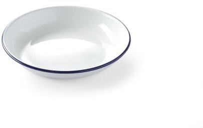 HENDI Plato de acero esmaltado blanco, con borde azul, cuenco, recipiente redondo, para horno de cocina, para preparar y servir diferentes platos, sopas, caldos, postres, ensaladas, ø180x(H) 30mm