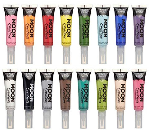 Moon Creations Face & Body Paint Tubes with Brush Applicator | Set of 16 | 15ml | Ready to Use | Cruelty Free, Made in UK | Face Paint for Kids, Adults, Fancy Dress, Festivals, Halloween