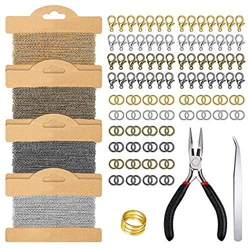 Cadenas para hacer joyas, kit de cadenas para collar Cadena de cable chapada con cierre de langosta, 200 piezas de anillo de apertura, pinzas Suministros para hacer joyas para collar de pulsera