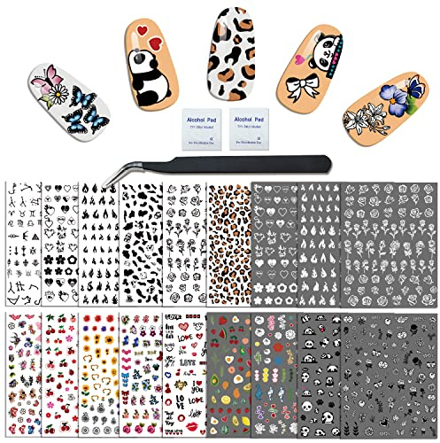 ATYDKUG 18 Feuilles Stickers Ongles Automne Halloween Nail Art, Autocollant Pour Ongle Décoration, Auto-Adhésifs Nail Sticker Mignon Dessin Animé Coloré Fleurs 3D Nail Decals for Girls Women