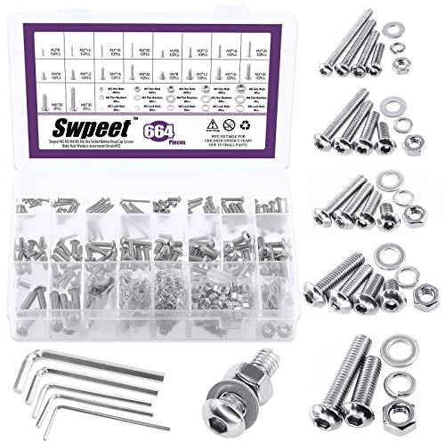 Swpeet 664Pcs M2 M3 M4 M5 M6 Metric 304 Stainless Steel Button Head Hex Socket Head Cap Bolts Screws Nuts and Hex Nuts with Flat Washers and Split Lock Washers Assortment Kit, Screws All Included