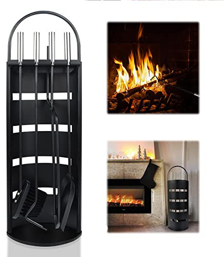 LZQ Set di 5 posate per camino, in acciaio inox, accessori per camino, accessori per la pulizia del camino, con gancio, pala, pinza per camino, scopa e supporto, per accessori per la casa