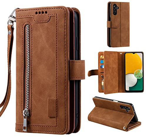 EYZUTAK Wallet Phone Case for Samsung Galaxy A54 5G, Retro Matte 9 Card Holder Slots Zipper Pocket Case PU Leather Magnetic Closure Kickstand with Wrist Strap Folio Flip Case - Brown