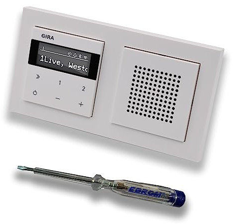 Gira Unterputz IP Internetradio 232003 + Bluetooth Komplett-Set mit Lautsprecher - E2 reinweiß glänzend mit 2fach Rahmen Gira 021229 inkl. EBROM Phasenprüfer zur Montage der Geräte