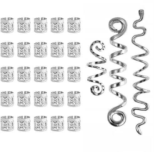 INGJIA 28 Pcs Bobina Joyería El Cabello Anillos Ajustables Cabello Trenzas De Metal Accesorio para El Cabello Dreadlocks De Pelo Accesorios para El Cabello para Trenzas para Hombres y Mujeres (Plata)
