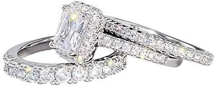 925 Sterling Silver Shiny Full Diamond Zircon Rings Three Sets of Rings Cushion Cut 4ct Zircon Diamonds Stone Engagement Wedding Band Ring 10