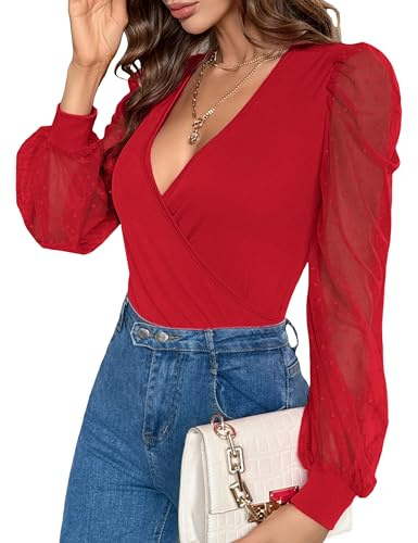 Fayenne Sexy Tops for Women Deep V Neck Cross Wrap Going Out Tops Date Night Outfits Mesh Polka Dot Long Sleeve T Shirt Red