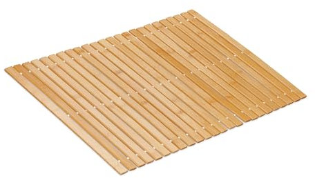 Relaxdays Alfombra Baño de Bambú, 60 x 40 cm, Esterilla Ducha Antideslizante, Enrollable, con Cuentas, Natural y Blanco