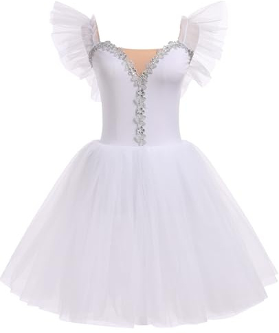 AFAVOM Dance Leotards for Women Ballerina Swan Lake Costumes Adult Ballet Dance Dress Long Tulle Camisole Skirted Leotard Embroidery Sequin Tutu Dress for Performance Dancewear White - Ruffle L