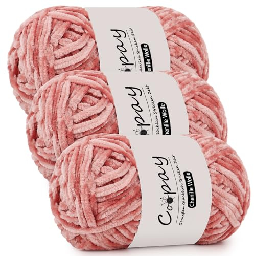 Coopay Lana de Chenilla para Ganchillo - 3 x 100 g de Felpilla Aterciopelada, Hilo Grueso y Esponjoso, Suave Lana de Felpa para Mantas, Bufandas y Polvos